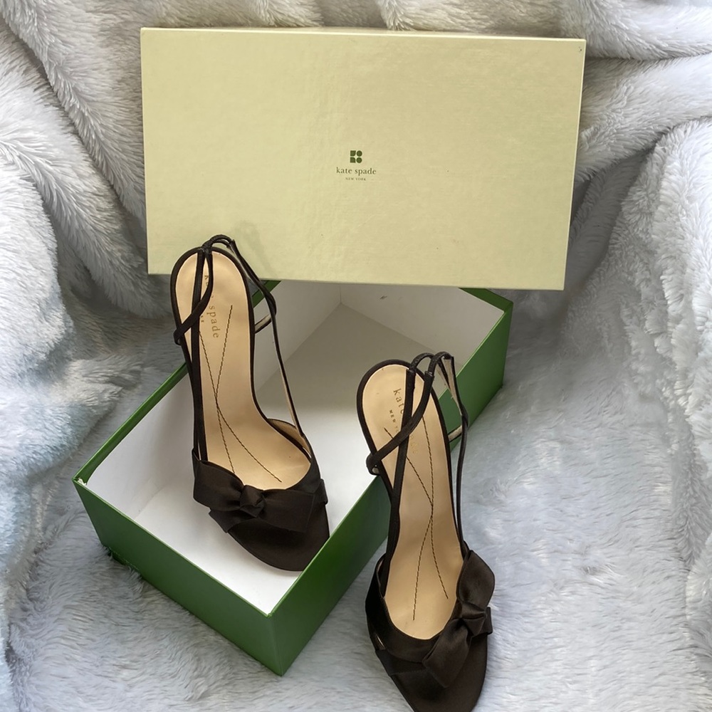 NEW In Box KATE SPADE Dark Brown Lover Satin Slingback Strappy Bow Sandals Sz 8